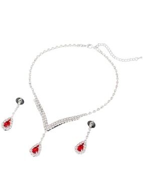 Luxury Silver Necklace and Earrings Set  Red Teardrop Crystals FINAL PRICE DROP